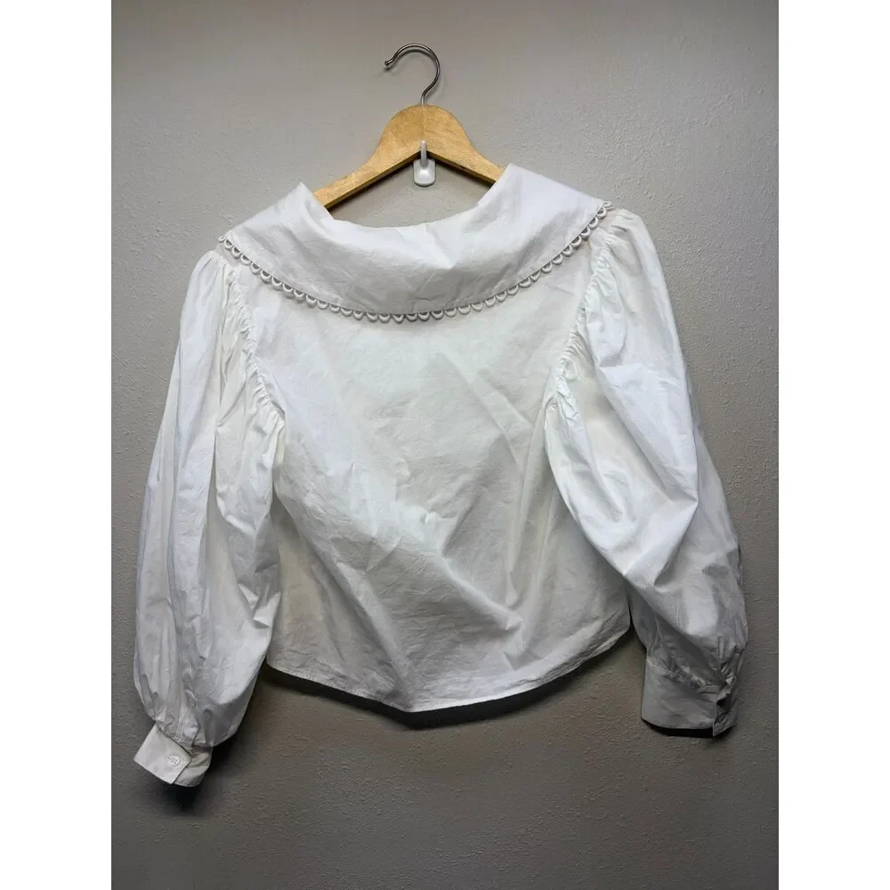 Zara Peter Pan Collared Puff Sleeve Cropped Poplin Blouse Size Small